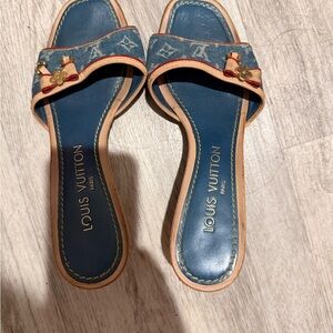 Louis Vuitton Blue Denim & Beige Trim Slide Mules with Gold Accent